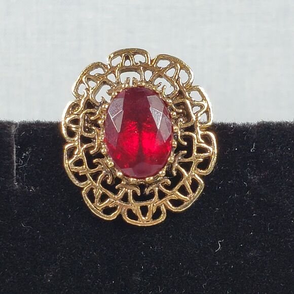 Vintage 1970's Sarah Coventry Gold Tone Brooch W/Oval Red Rhinestone Marked SC - Picture 3 of 14
